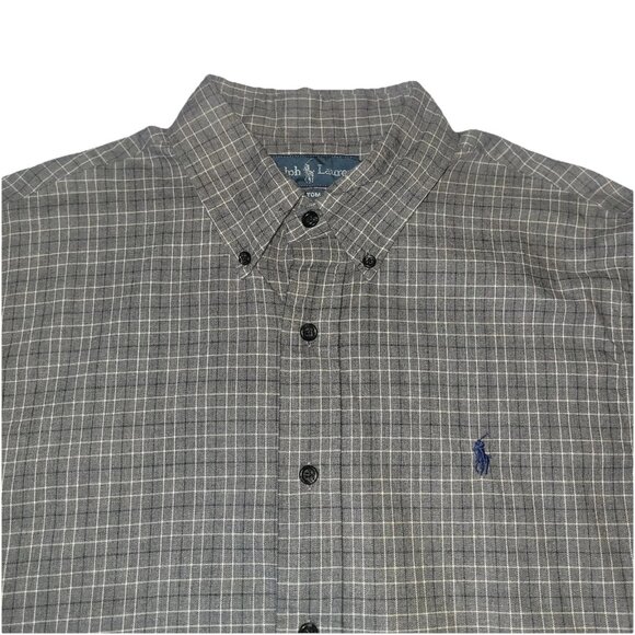 Ralph Lauren Shirt Mens L Custom Fit Gray Cheked Button Down Long Sleeve - Picture 1 of 16
